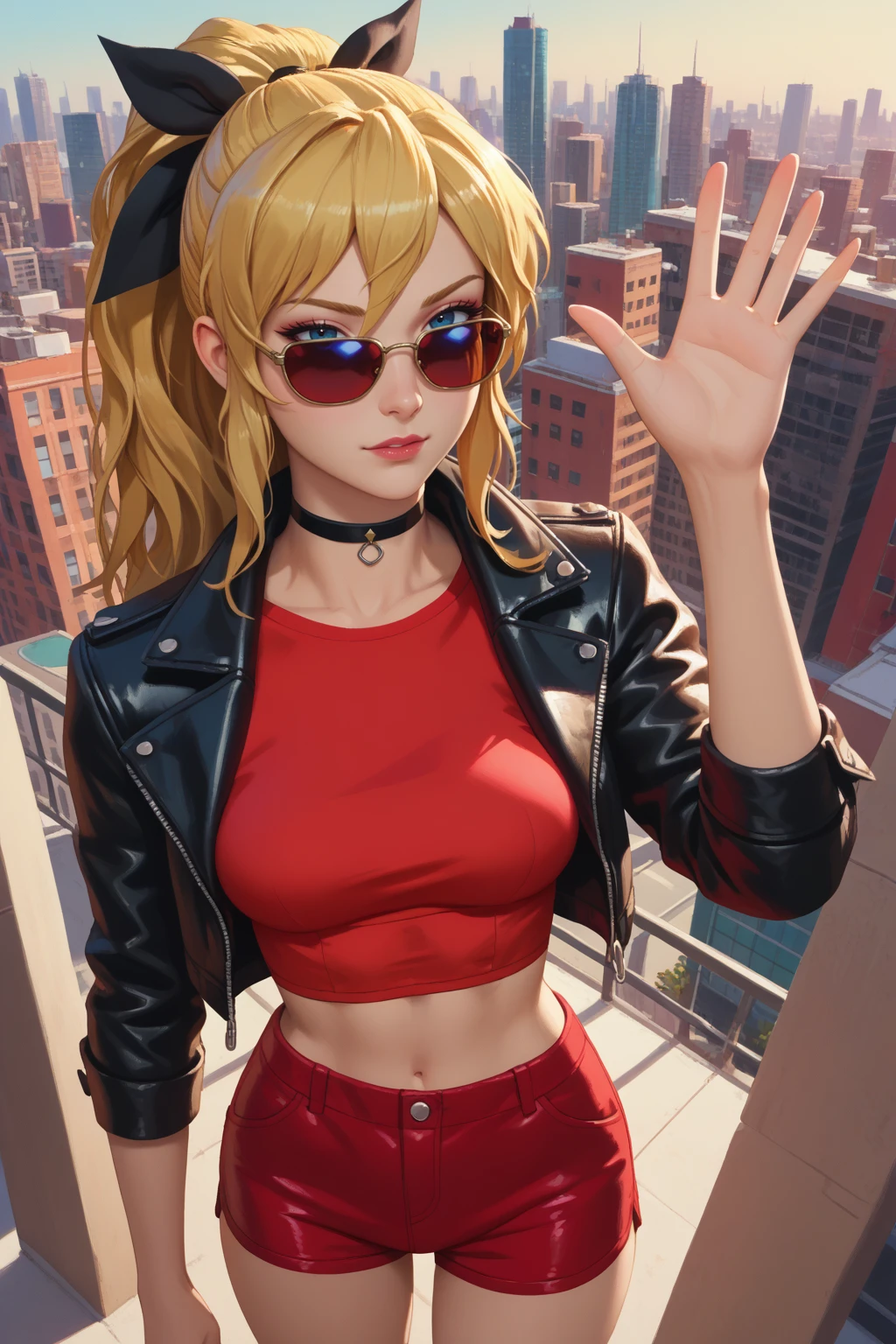 score_9, score_8_up, score_7_up, BREAK 1girl, solo, <lora:NSLillyKatawa:1> NSLillyMisc, blonde hair, long hair, ponytail, black hair ribbon, sunglasses, leather jacket, red crop top, leather shorts, red shorts, choker, city, from above, waving