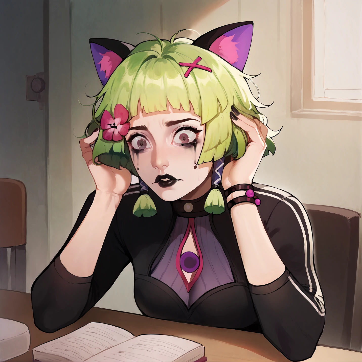 score_9_up,score_8_up,score_7_up,score_6_up,illustration,solo,1girl,skinny,animal ears,facial markings,cat ears,black lipstick,black nailpolish,long nails,short hair,running makeup,purple eyes,detailed eyes,green hair,looking down,flower,hair ornament,jewellery,hands in hair,wide eyes,str3ss,hands on head,messy hair,hunched over desk,elbows on desk,despair,sad,perfume shop,ny4ntch4,<lora:more_details:1.5>,<lora:StS_PonyXL_Detail_Slider_v1.4_iteration_3:5>,zPDXL2,<lora:DisBenny_epoch_7:1>,<lora:Stressed:0.8>,<lora:nyantcha:1>,