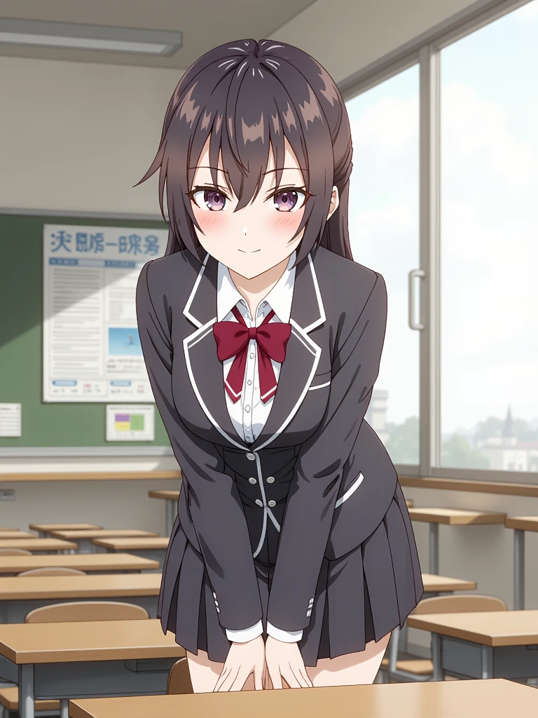 YukiSuou wearing a school uniform, including a blazer and skirt, stands in a classroom leaning forward with a curious expression. The background shows a typical classroom with wooden desks, a large window letting in natural light, and educational charts. The artwork emphasizes the girl's interest in the lesson. Digital art, intricate details, high resolution, bright and engaging, smooth textures.