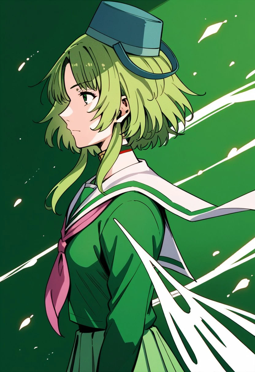 score_9, score_8_up, score_7_up, source_anime, KANNA KIZUCHI, KANNA KIZUCHI SCHOOL UNIFROM, POT LID HAT, 1girl, solo, short hair, hat, school uniform, green eyes, upper body, green hair, serafuku, sailor collar, from side, neckerchief, profile, instrument, short hair with long locks, green background, green dress, green shirt, tate eboshi, soga no tojiko, gumi