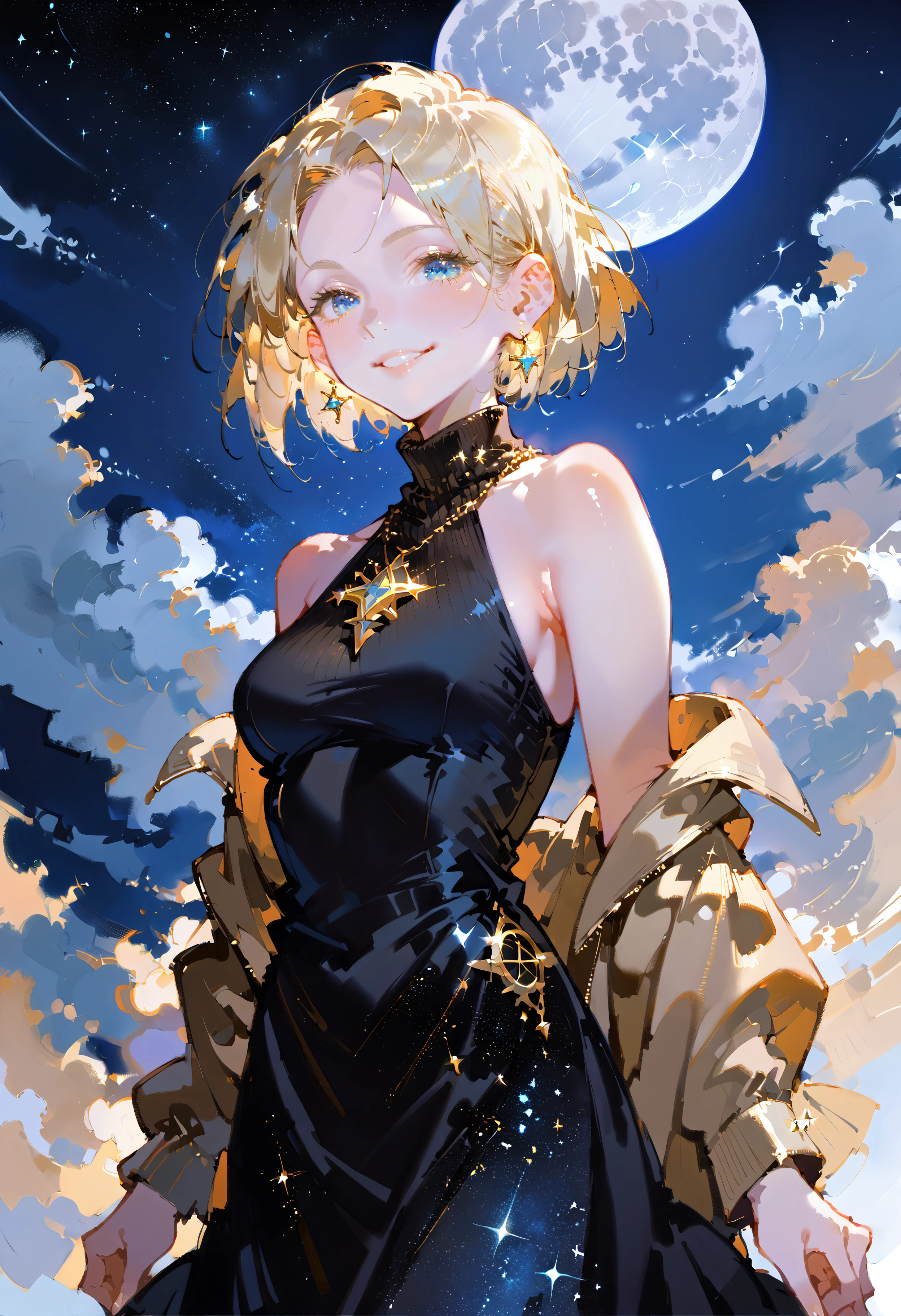 score_9, score_8_up, score_7_up, best quality, source_anime BREAK, 1girl, full moon, blonde hair, black dress, short hair, blue eyes, jewelry, star (sky), bare shoulders, night sky, smile, earrings, turtleneck dress, starry sky, long sleeves, necklace, off shoulder, breasts, parted lips, star (symbol), <lora:EtherLORA:1>,