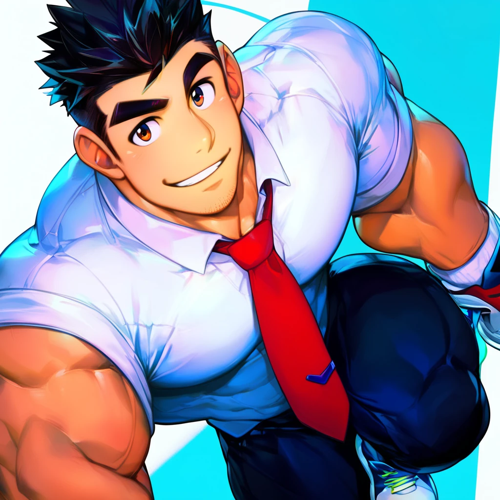 solo, looking at viewer, smile, short hair, shirt, black hair, 1boy, white background, white shirt, male focus, necktie, shoes, collared shirt, pants, muscular, facial hair, thick eyebrows, pectorals, muscular male, spiked hair, sneakers, bara, sleeves rolled up, large pectorals, sideburns, mature male, stubble, focus on face, portrait,

Uleezo Artstyle, Uleezo,
Best Quality, High Quality, Best Quality, Best Quality Face, pupils, anime face, human, High Quality V2, zPDXL2, xxxrating, perfecteyes, anatomy, ultra-detailed light, vibrant colors, (masterpiece), bara, normal skin color,
score_9, score_8_up, score_7_up, score_6_up, score_5_up, score_4_up, 