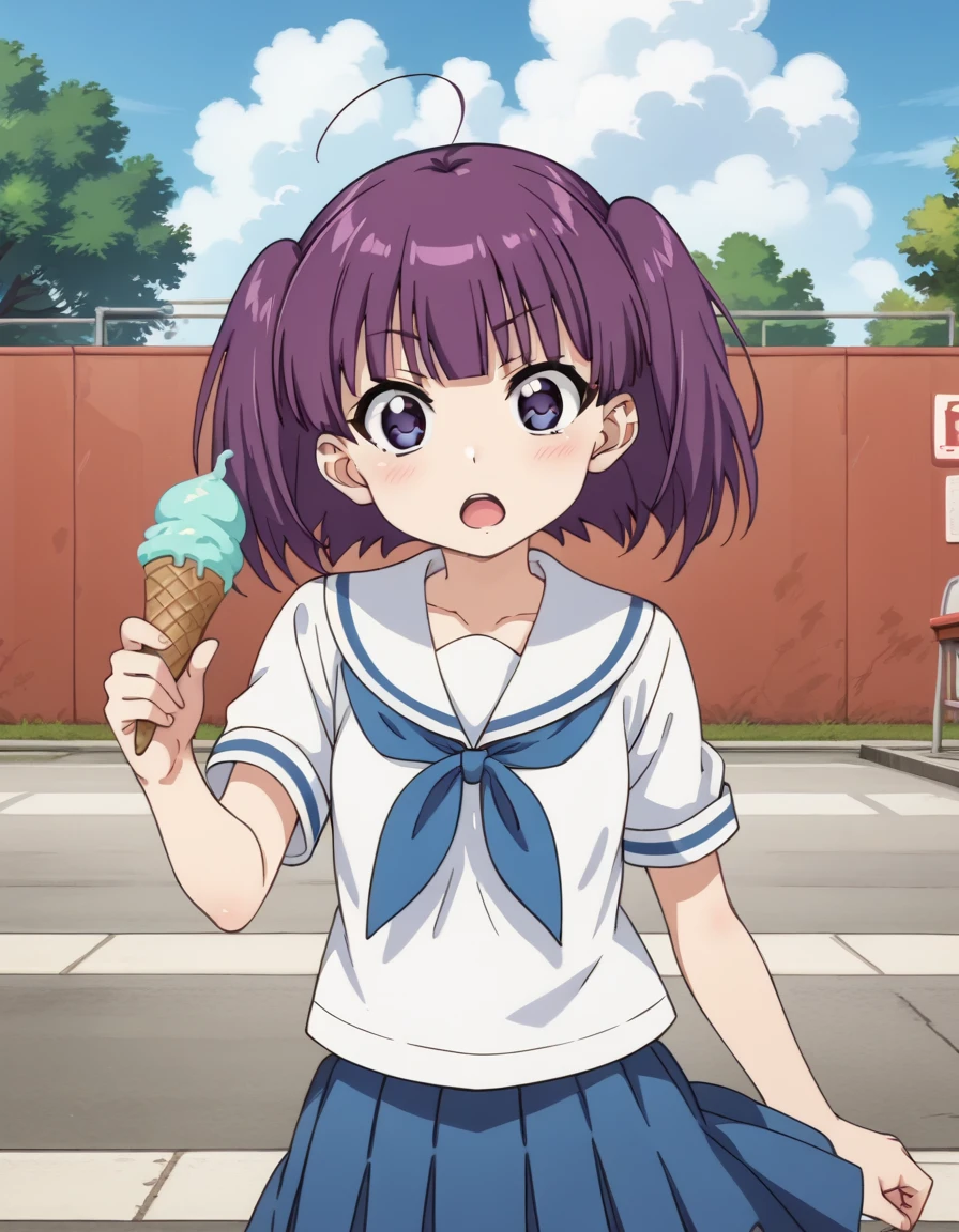 <lora:MorinoKirin_pony_v01:0.85> 1girl, solo, holding ice cream, morino kirin, serafuku, short sleeves, white shirt, white sailor collar, blue neckerchief, blue skirt, anime screencap, looking at viewer, hand up, open mouth,