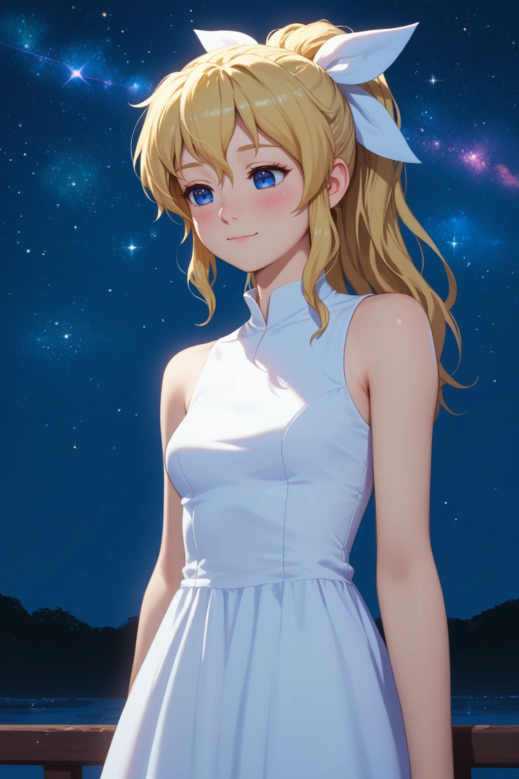 score_9, score_8_up, score_7_up, BREAK 1girl, solo, <lora:NSLillyKatawa:1> NSLillyMisc, blue eyes, blind, no pupils, blonde hair, long hair, ponytail, white hair ribbon, white dress, sleeveless, slight smile, blush, night, stars, looking down