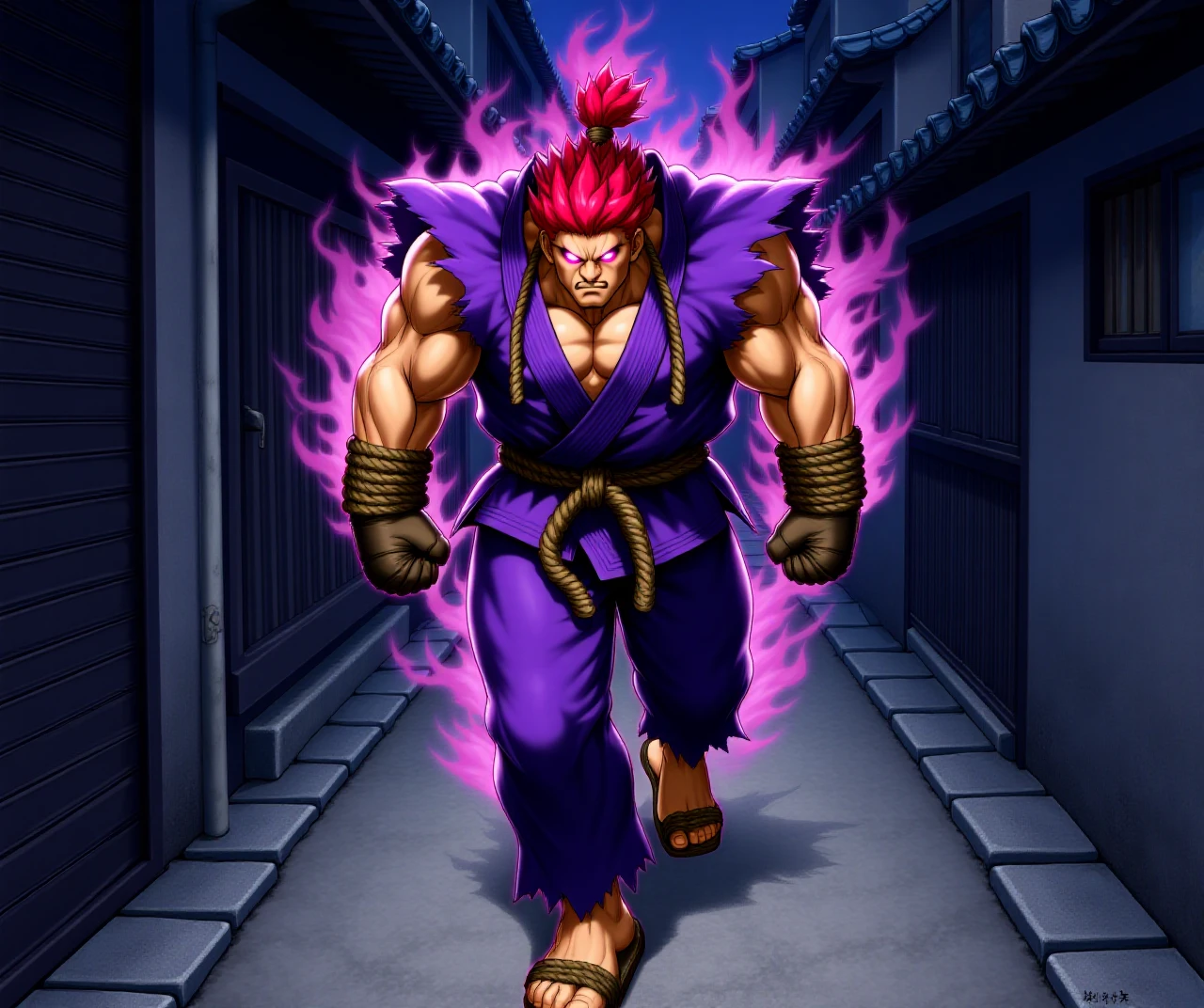 a deep and complex multi-layered painting, Akuma is walking down the street past in a dark alleyway, Akuma has identified you as his next fight and has formed a thick trailing aura of power,

anime, akuma \(street fighter\), from front, facing the viewer, looking at the viewer, solo, 1boy, red hair, tied hair, glowing purple eyes, fists, rope belt, purple gi, rope fist wraps, traditional wooden sandals, evil scowl, large prayer beads,

inkblot anime, thick deep coloration style, watercolor background, dark alley, night, pastel colors, very dark, the only visible light is from akuma's aura