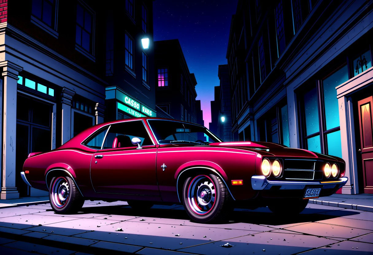 Digital illustration.  Viewed from an angle. At night on a city street sits a classic muscle car.  The car is a dark cherry red and shiny with chrome rims. The entire car is visible.