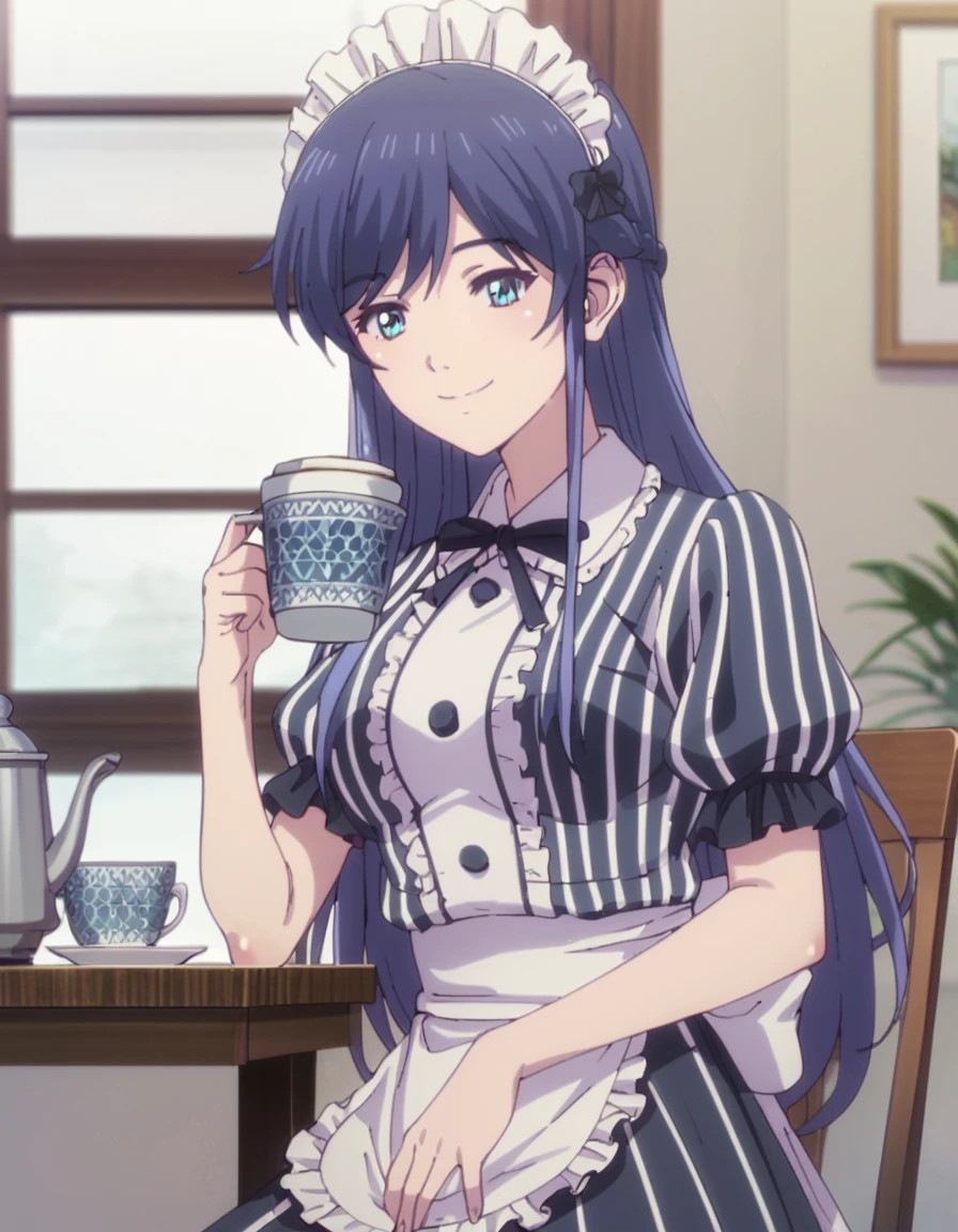 <lora:CafeTerraceGoddesses:1>, score_9, score_8_up, score_7_up, score_6_up, score_5_up, score_4_up, source_anime,  , smile, sitting, drinking coffee Hayatos, long hair, blue eyes, blue hair, maid,