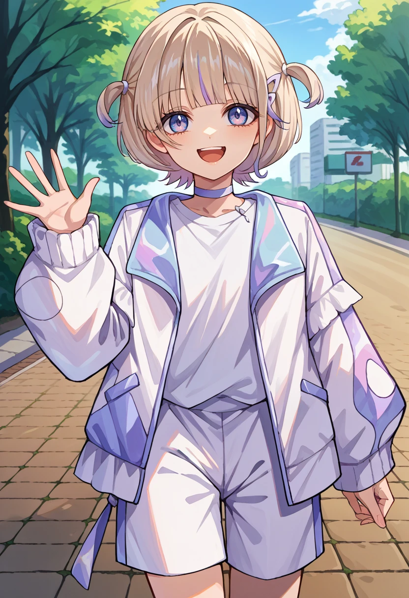 score_9, score_8_up, source_anime, 1girl, solo, HajimeBase, multicolored hair, short hair, two side up, hairclip, white choker, white shirt, white jacket, gradient jacket, white shorts, outdoors, park, waving at viewer, smile, :d, open mouth, <lora:ChamTodorokiHajimePonyXL:1>