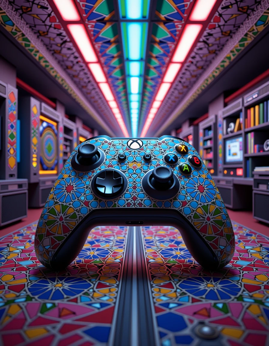 Made of adrr-zllj, xbox controler, volumetric lighting, Best quality breathtaking, background, geometric patterns, vibrant colors, intricate details
 <lora:Zellij_Flux:0.8>