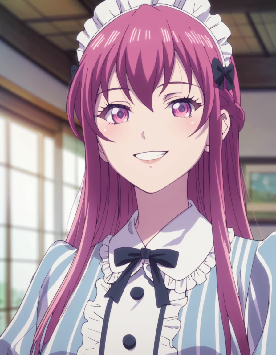 <lora:CafeTerraceGoddesses:1>, score_9, score_8_up, score_7_up, score_6_up, score_5_up, score_4_up, source_anime,  , portrait, smile,  Ouka, long hair, pink hair, pink eyes, maid,