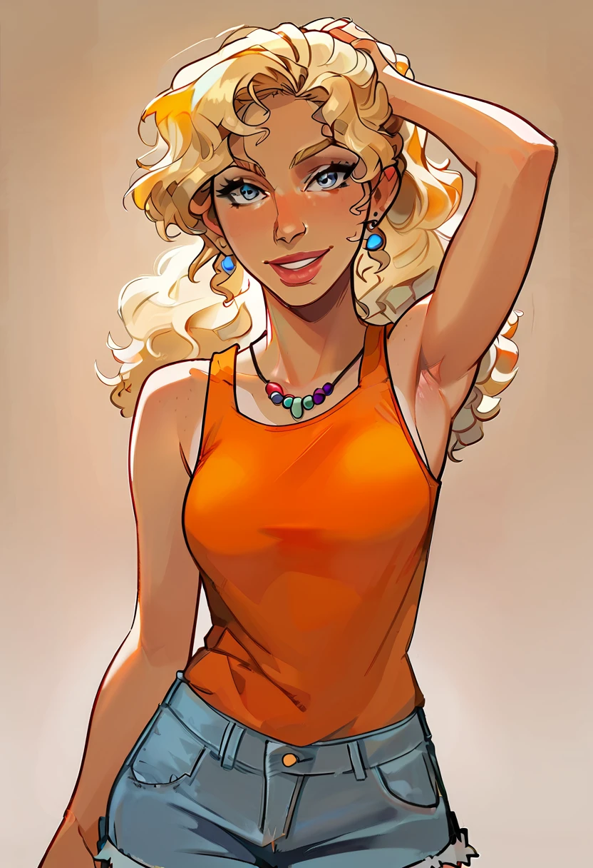 score_9, score_8_up, score_7_up, score_6_up, score_5_up, 1girl, 18 year old girl, blonde hair, stormy grey eyes, looking  at viewer, medium breasts, facing viewer, simple background, cel shaded, tank top, blue shorts, jean shorts, standing up, smiling, happy, very lightly tanned skin and a slender athletic body, long honey-blond hair set in perfect princess curls like Cinderella, ponytail, (sleeveless shirt), good hands, one arm behind head other arm down, ((no_earrings)), string necklace with a few beads at the front,  <lora:Smooth Anime Style LoRA XL:1> <lora:incase---1:0.8> <lora:add-detail-xl:0.4> <lora:Expressive_H:0.7>, orange tank, camp background <lora:15_AnnabethChase:0.8>, Annabeth, ((full body shot, legs, orange shoes, standing))