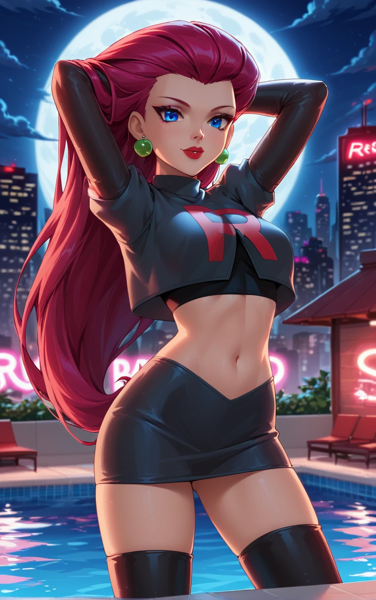 score_9, score_8_up, score_7_up, 
BlackCostume_Jessie_ownwaifu, 
1girl, earrings, hair slicked back, jewelry, big hair, blue eyes, lipstick, long hair, makeup, red lips, eyelashes, red hair, 
team rocket uniform, crop top,  black gloves, elbow gloves, navel, skirt, midriff, thigh boots, miniskirt, cropped jacket, gloves, jacket, zettai ryouiki, black thighhighs,
(contrapposto, arms behind head), neon_lights, cityscape, night, pool, full moon, outdoors, <lora:PONYXL_POKEMON_Jessie_ownwaifu:0.9> , depth of field 
,