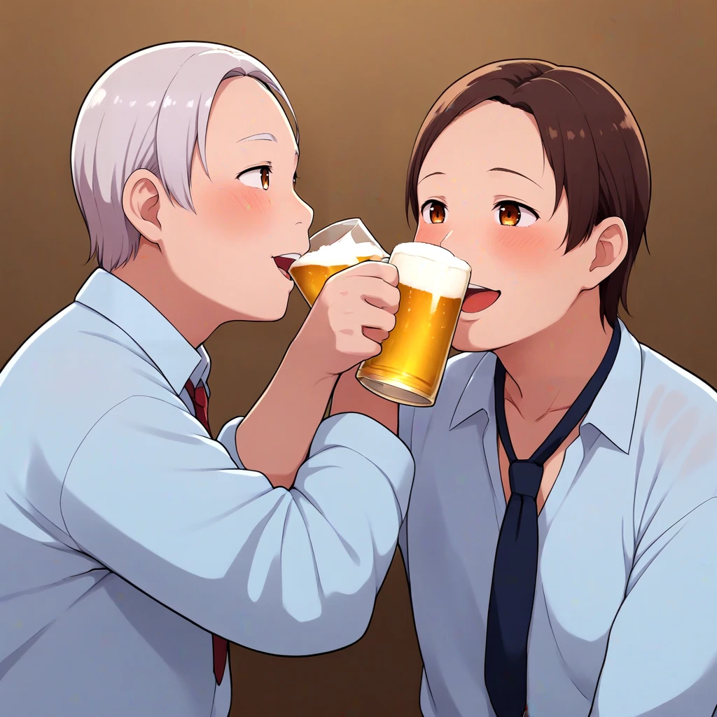 <lora:Love_shot_SDXL:0.7>,
two cartoon old men drinking, holding up a drinking glass together, smile, open_mouth, drinking_glass, beer_mug, Love Shot, 
blush, smile, open_mouth, bangs, upper_body, siblings, forehead, eye_contact, alcohol, sleeves_rolled_up, short hair, bangs, grandfather, loose tie, alcohol, wrinkled skin, nasolabial folds