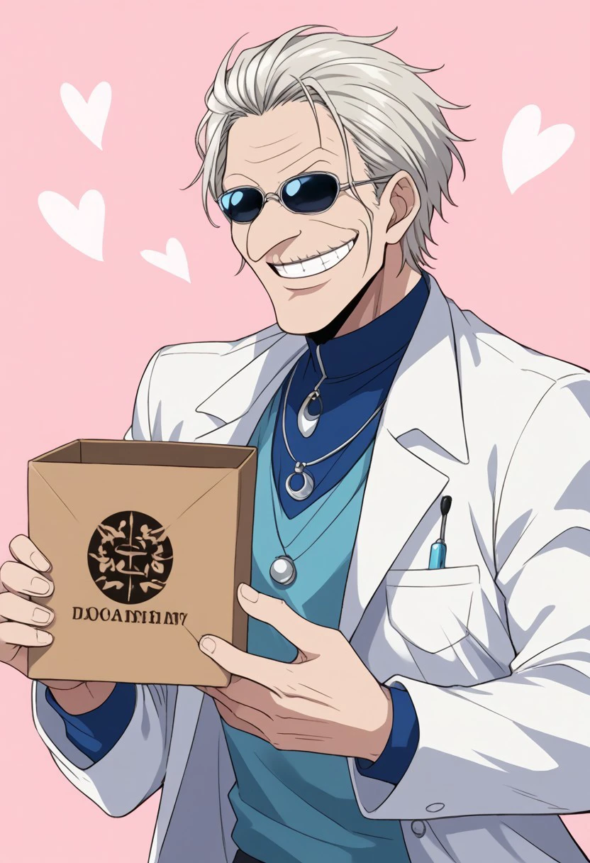 score_9, score_8_up, score_7_up, source_anime, rating_safe, holding box, KurehaOP, curved Kureha nose, (white Kureha short hair), black sunglasses, 1boy, male focus, old man, Kureha labcoat, doctor-surgeon, grin, teeth, hands with five fingers, simple light pink background, cute wallpaper, happy-cheery,