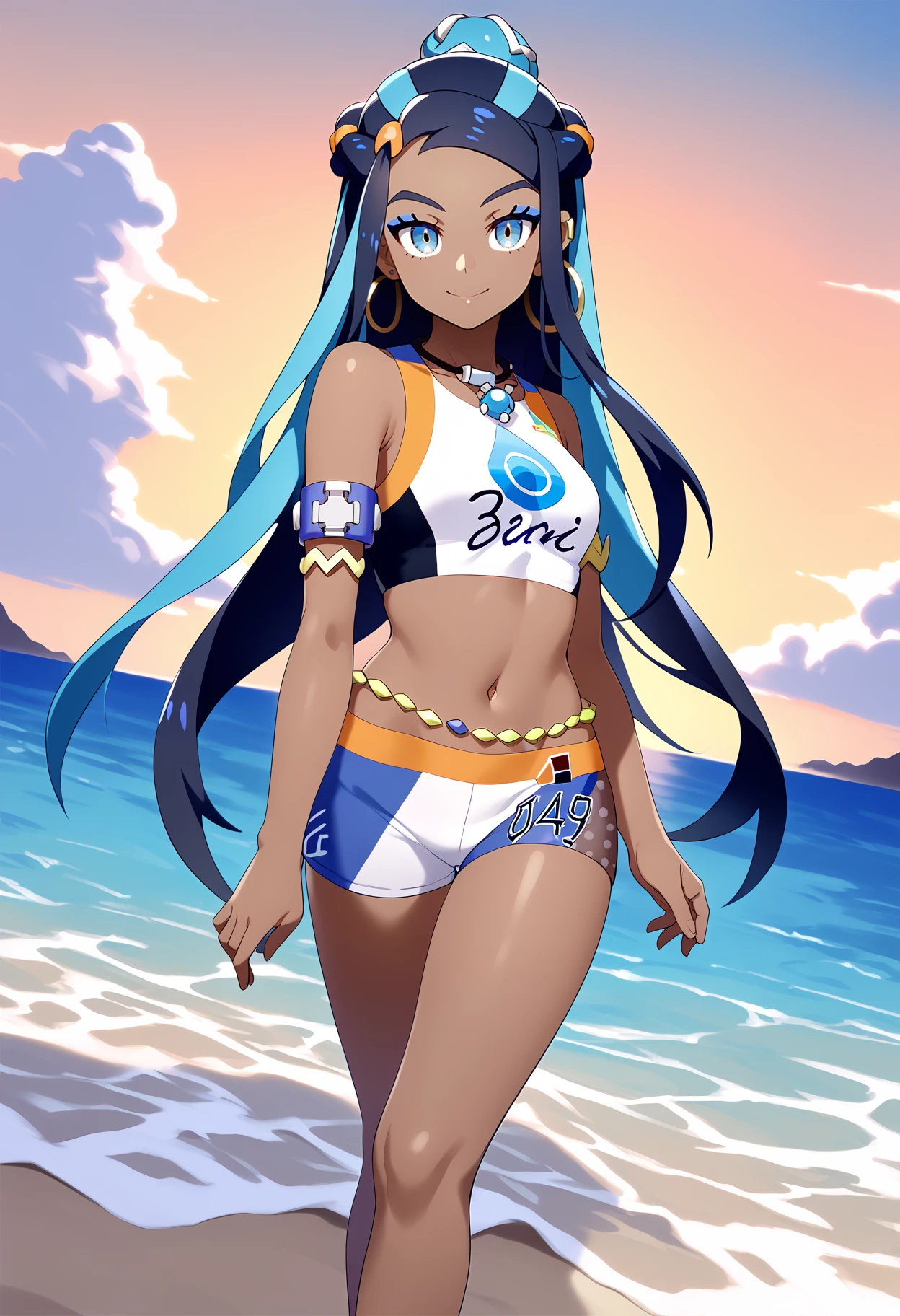 score_9, score_8_up, score_7_up, BREAK,
1girl, nessa, black hair, blue hair, long hair, multicolored hair, blue eyes, blue hair,dark skin, single hair bun,
armlet, belly chain, bikini, crop top, shorts, single glove, hoop earrings, necklace, midriff, navel,
looking at viewer, smile, solo, ocean, beach, dutch angle, beach background   <lora:NessaXL:1>