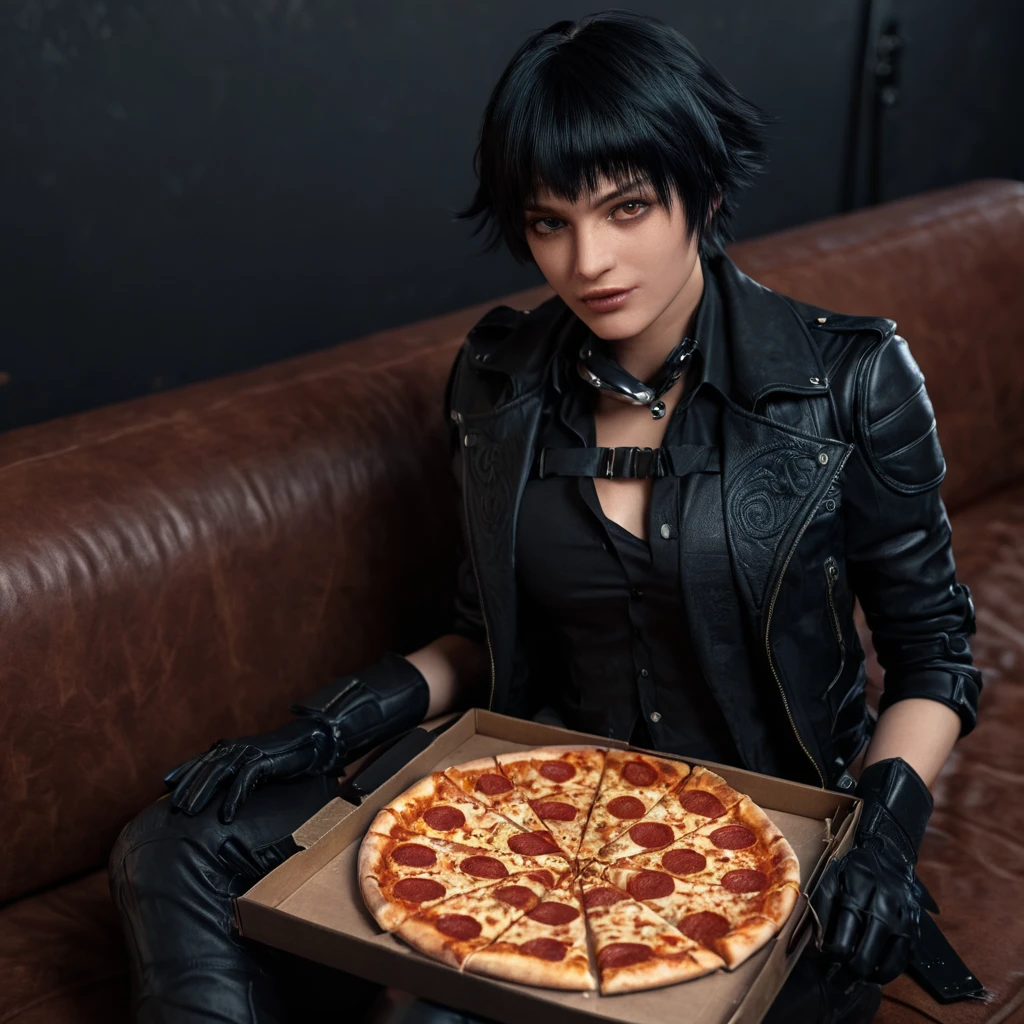 cinematic film still of  <lora:ladydmc v3:0.9>
ladydmc a woman sitting on a couch holding a pizza, MaryAnnArkham, smooth sharpness, very detailed image, cinematic style, detailed background, perfect style, perfection, Unreal Engine, 3d, realistic, realism, photorealism, hyperrealism, hyperrealistic, video game style, 3D computer graphics, Blender, 3ds Max, Maya, Cinema 4D, ZBrush, AutoCAD, LightWave 3D, Adobe Dimension, virtual reality, Unreal, real-time 3D, Epic Games style, Unreal Engine style, ladydmc style, 1girl, solo, looking at viewer, short hair, black hair, gloves, jacket, food, fingerless gloves, lips, heterochromia, scar, pizza, jewelry, sitting, couch, holding pizza, shirt, holding, black gloves, black jacket, holding food, leather, leather jacket, pizza slice, pizza box, high angle from abo
, shallow depth of field, vignette, highly detailed, high budget, bokeh, cinemascope, moody, epic, gorgeous, film grain, grainy