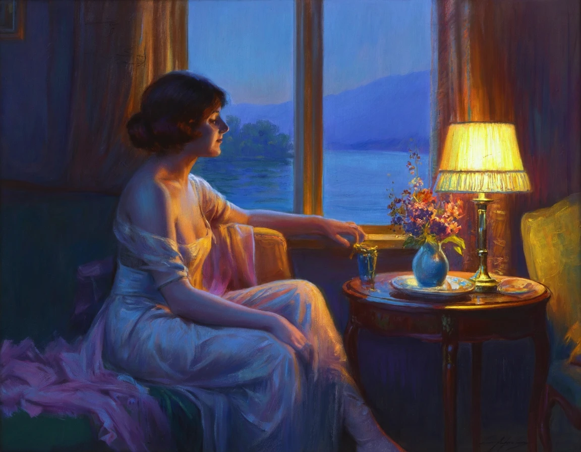 The painting by Enjolras depicts a serene scene of a woman seated by a window gazing out at a tranquil waterscape during twilight. The woman adorned in a flowing gown is illuminated by the soft glow of a table lamp on a nearby table. To her left a vase with vibrant flowers adds a splash of color to the room. The composition is intimate capturing a quiet moment of reflection. The color palette is dominated by soft hues of blue purple and gold evoking a sense of calm and tranquility.