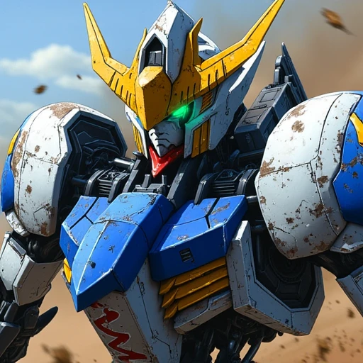 The image depicts a detailed and dynamic illustration of a Gundam, specifically gundam_barbatos from the anime Mobile Suit Gundam: Iron-Blooded Orphans. This powerful mecha is portrayed in a close-up action shot, emphasizing its imposing and battle-worn appearance.  gundam_barbatos features a distinct design with a white and blue color scheme, accented by gold and red details. The mecha's head is particularly striking, with a prominent yellow V-fin crest that is characteristic of many Gundam designs. Its eyes glow a vibrant green, adding to the intensity and life-like presence of the machine. The head unit also has a faceplate that suggests a fierce and determined expression, fitting for a battle-hardened warrior.  The armor plating on Barbatos appears worn and weathered, with visible scratches and damage, indicating that it has seen many battles. The chest area is reinforced with blue armor, and the overall structure of the Gundam is muscular and robust, reflecting its strength and combat capabilities.  In the background, there are blurred elements that suggest a chaotic battlefield, with dark, smoky skies and hints of fire or explosions, adding to the dramatic atmosphere of the scene. The lighting and shading in the image are expertly done, creating a sense of depth and realism, while also highlighting the metallic surfaces of the Gundam.  Overall, the image captures the essence of gundam_barbatos as a powerful and relentless war machine, ready to engage in fierce combat. The detailed rendering and dynamic composition emphasize the Gundam's role as a central figure in the struggle depicted in Iron-Blooded Orphans.