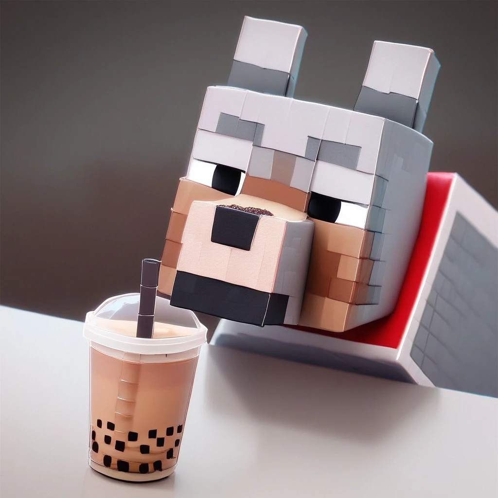 score_9_up, score_8_up, score_7_up, source_furry, wolf, minecraft wolf, pixel style, gray fur, black eyes, square dog, bubble tea