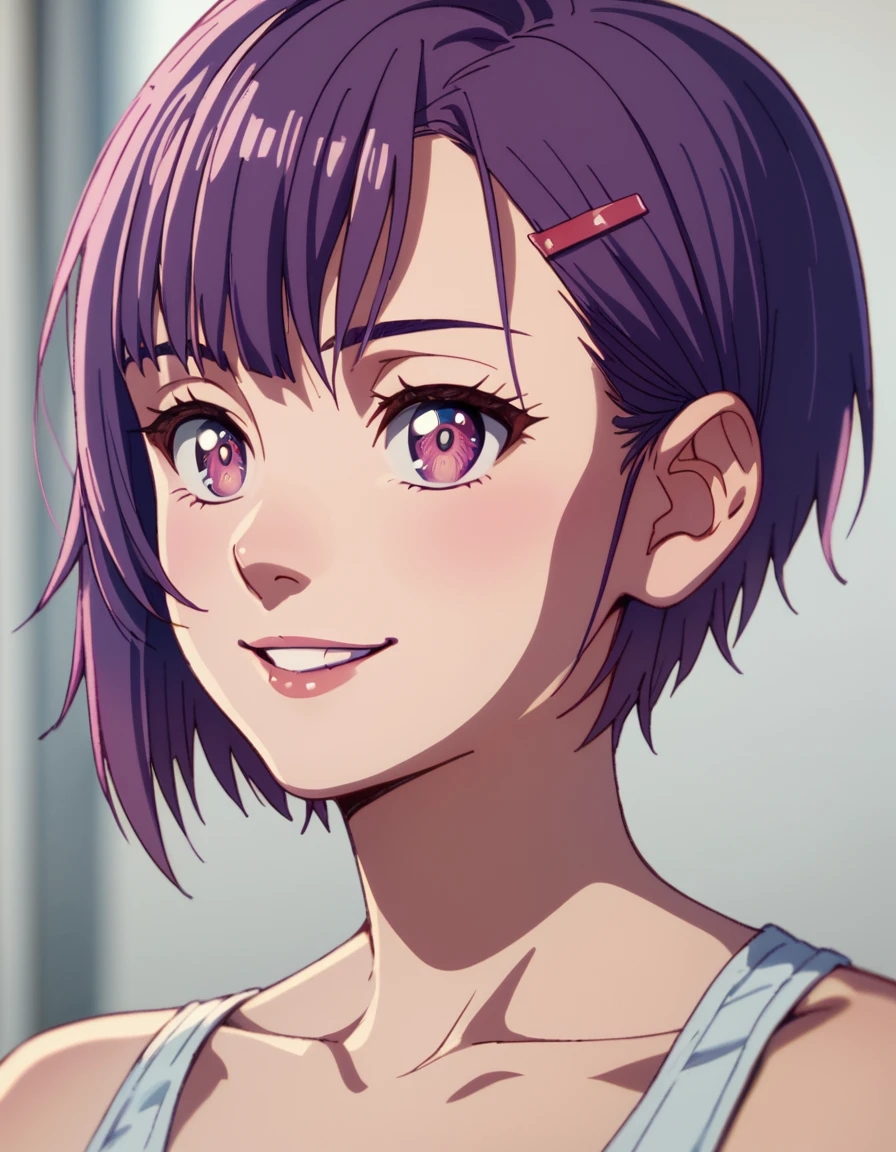 Shizuka, short hair, purple eyes, purple hair, smile, portrait,  <lora:Zom100:1>  score_9, score_8_up, score_7_up, score_6_up, score_5_up, score_4_up, source_anime,  ,