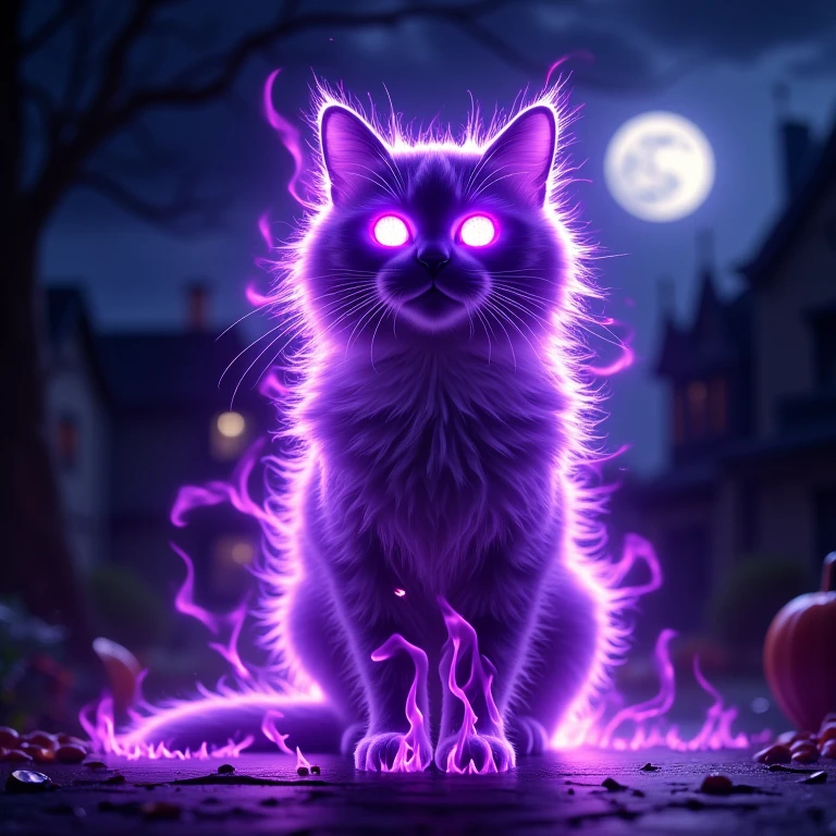 masterpiece,high resolution,super realistic, ,cinematic lights,realistic flames,
, <lora:OnFire_9_flux:0.8>,
onfire,cat,purple flames,night,moon,cat focus,halloween,scary,glowing cat eyes