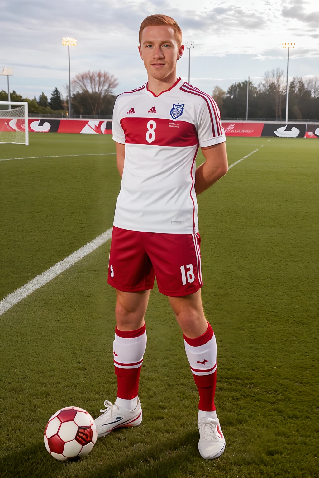 on a soccer field, ginger hair, KennedyCarter, slight smile, wearing soccer uniform, white soccer jersey,  red soccer shorts, (red socks), soccer shin guards, (white sneakers), (soccer ball), (((full body portrait))), wide angle, (looking at viewer), <lora:KennedyCarter:0.8>