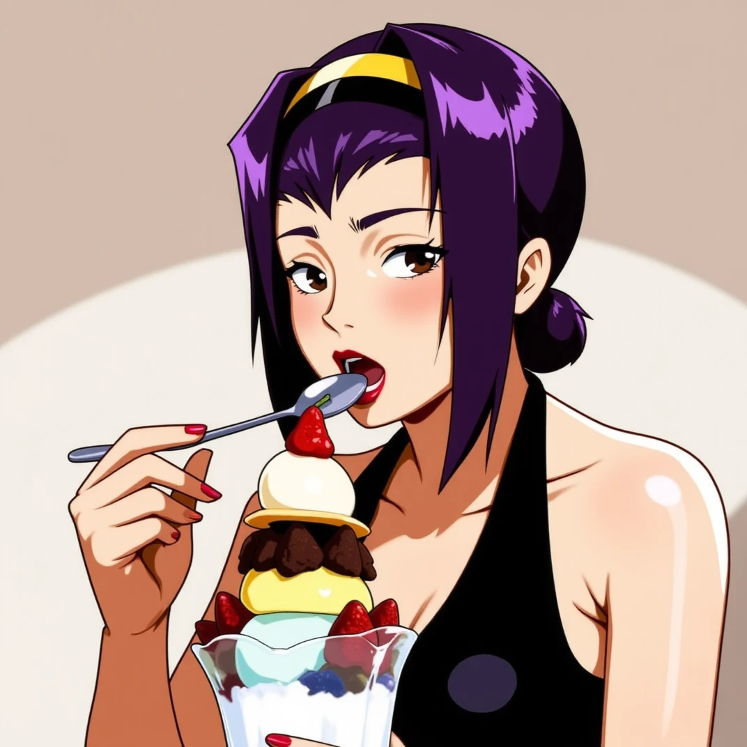 a woman is eating an ice cream sundae, 

faye valentine, enjoying,

purple hair, tied hair, headband,

black dress, spoon,