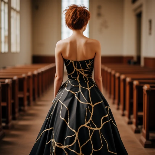 Woman wearing a black and gold joinery wedding dress, inside a church, auburn pixie cut hair