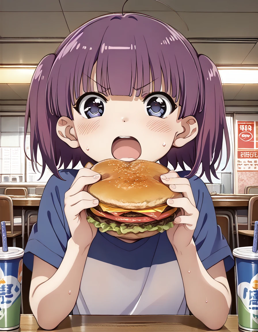 <lora:MorinoKirin_pony_v01:0.85> 1girl, solo, morino kirin, v-shaped eyebrows, shirt, face focus, holding burger, open mouth, blush, sweat, official art