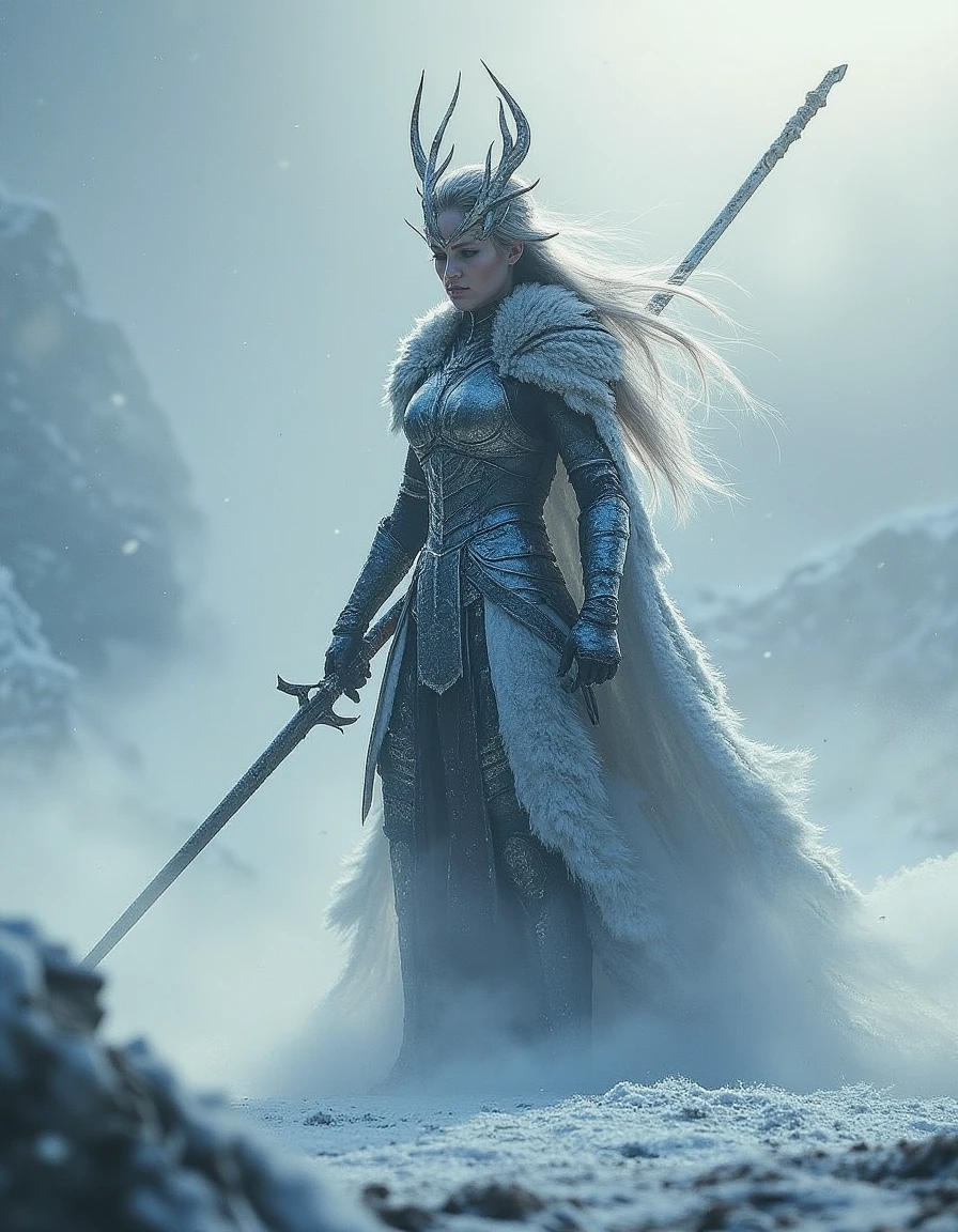 "Portraying a ferocious warrior deity standing amidst snow and dust in an epic cinematic atmosphere with a dramatic atmospheric effect, creating a stunning matte painting that captures the essence of this mythical queen.". <lora:rMada - Enhance Realistic Photo - v4:1>,