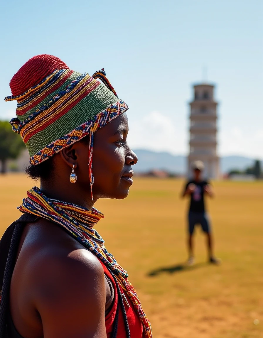 A captivating portrait of an ancient woman wearing intricate beaded headgear at the Samburu National Reserve, Kenya's vibrant landscape blending with her regal bearing as she gazes out over the savanna. The shot serves as a vivid representation of Africa's indigenous cultures and natural beauty amidst its vast wilderness.
On the other hand, a whimsical image captures a tourist attempting to mimic the iconic Leaning Tower of Pisa in Italy's picturesque cityscape. This humorous yet playful take on the well-known optical illusion and travel photography cliche adds a touch of levity to familiar landmarks and destinations. The contrasting shots offer unique perspectives that not only highlight the beauty of each location but also serve as a reminder of our shared humanity, embracing both the awe-inspiring and the silly in travel photography. <lora:rMada - Enhance Realistic Photo - v4:1>,