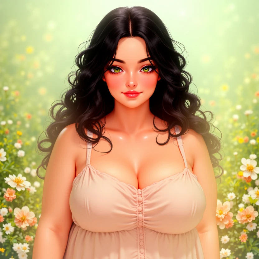 1girl, (curly hair), long hair, (black hair), mature female, (parted hair:1.7), (round face:1.2), (no_bangs:1.3), (no_fringe:1.6), (thick eyebrows), (curvy), round-chin, (greenish hazel eyes), caucasian, downturned eyes, plump face, eto_oc, skindentation, plump, thick thighs, wide hips, busty, voluptuous, kinky curls, lips, glistening skin, best quality, amazing quality, best aesthetic, absurdres, expressive eyes, illustration, Volumetric_Lighting, ultra-detailed, very aesthetic, intricate details, 8k, masterpiece, best_quality, smile, (seductive pose), (in a garden with flowers), (wearing a sundress), <lora:ETO_OC_Flux:0.8>,