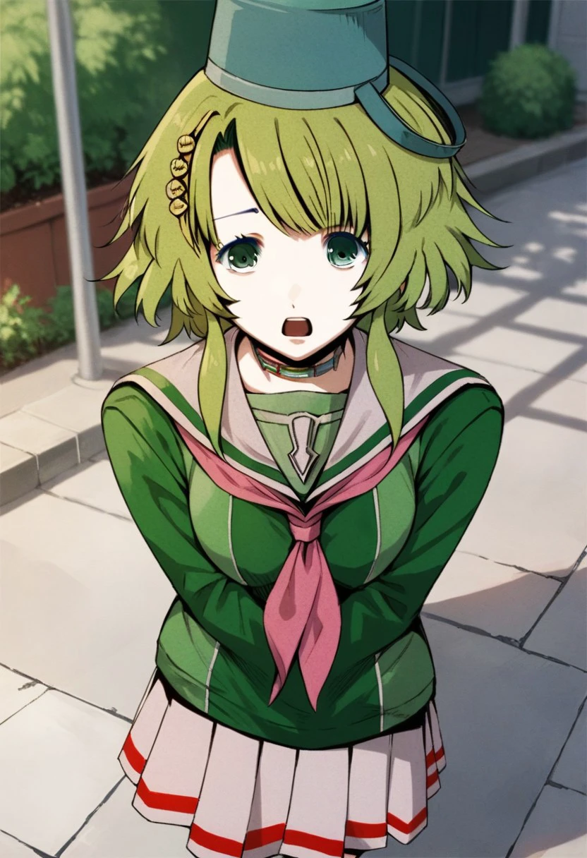 score_9, score_8_up, score_7_up, source_anime, KANNA KIZUCHI, KANNA KIZUCHI SCHOOL UNIFROM, POT LID HAT, 1girl, solo, short hair, open mouth, skirt, hair ornament, hat, school uniform, green eyes, green hair, serafuku, hairclip, bucket, gumi