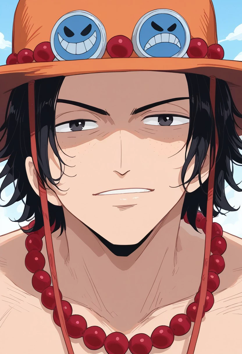 score_9, score_8_up, score_7_up, source_anime, rating_safe, AceOP, black_Ace_hair, black_Ace_eyes, 1boy, male focus, anime screencap, red-blue_hat_beads, orange_Ace_hat, red_hat_straps, red_Ace_bead_necklace, close-up,