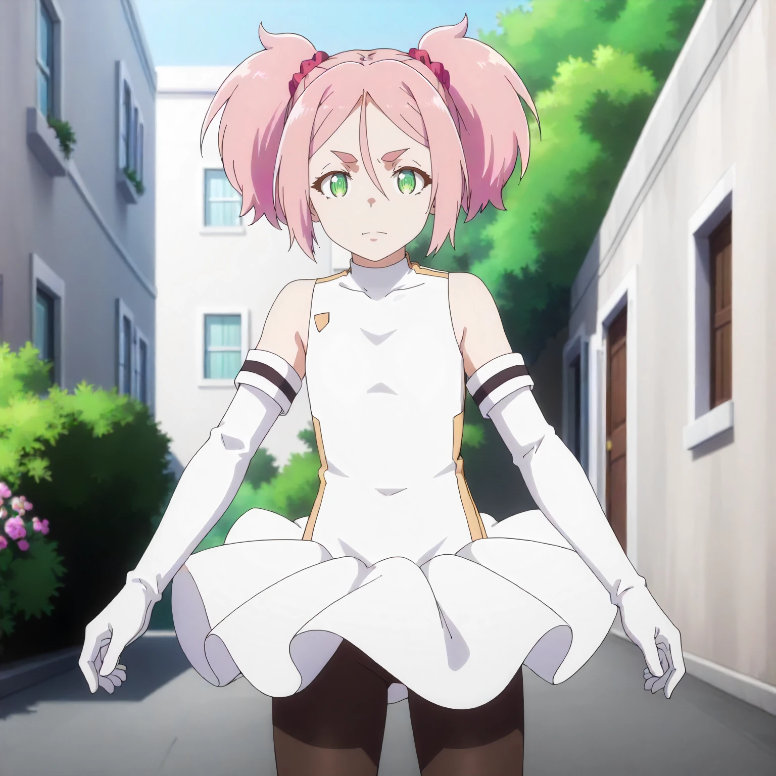 <lora:SSnVR_MomoXLpony001>,
outdoors,nature,
solo,
Momo,1girl,pink hair,short twintails,hair scrunchie,thick eyebrows,short eyebrows,green eyes,
white dress,sleeveless,
elbow gloves,
pantyhose,
standing,