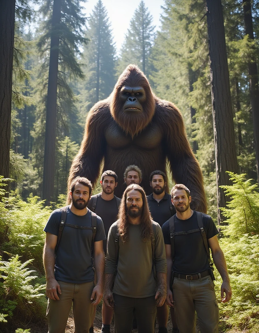 In a sunlit clearing of a dense Pacific Northwest forest, a group of hikers poses for a photo with Bigfoot. The towering, furry creature stands behind them, playfully holding up two fingers in a bunny ears gesture behind one hiker's head. The hikers are grinning widely, clearly excited and amused by the unexpected encounter. Bigfoot's face, with a mischievous smile, shows a rare, friendly side. Tall trees and lush greenery frame the scene, with sunlight filtering through the branches, adding warmth and a touch of humor to the surreal moment.
<lora:Bigfoot_Character_Design_for_Flux.1_Dev:1>