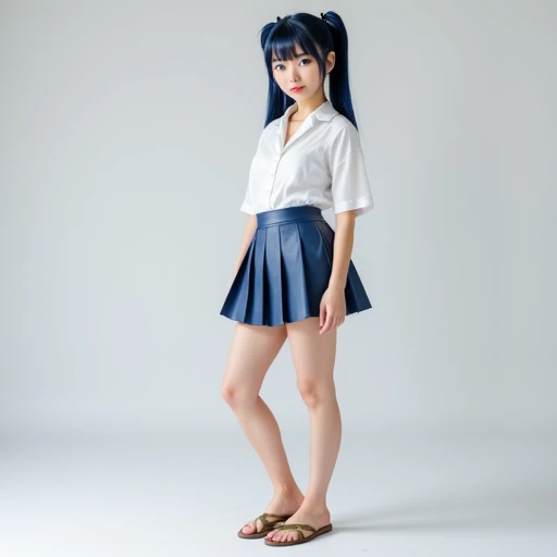 Petite and slender Japanese woman. Dark blue hair in twin-tails. Blue eyes. Light makeup. She is wearing a white blouse and pleated skirt. She is wearing strappy sandals