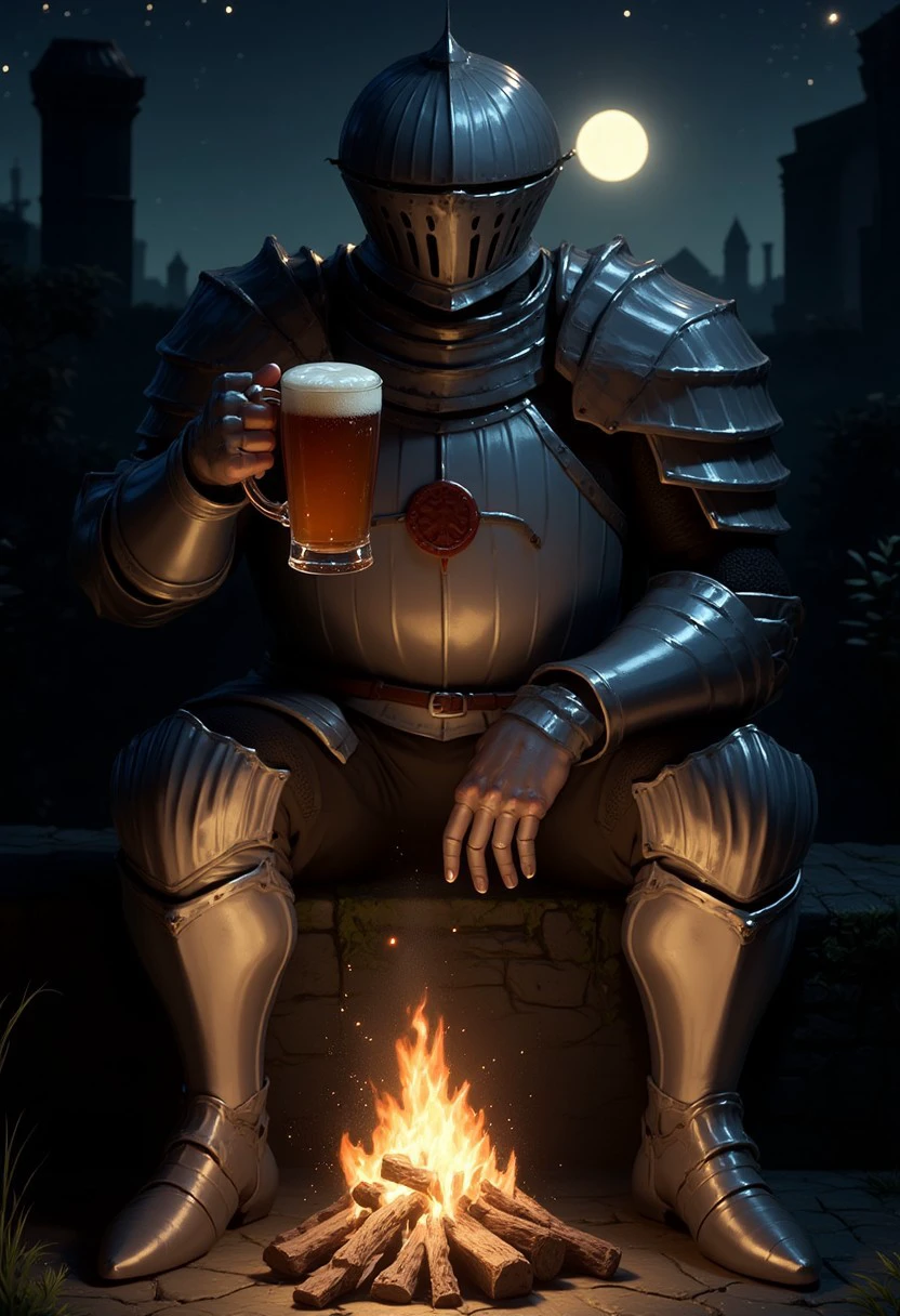 d4arks0uls, a knight named Siegmeyer sitting by small bonfire at night holding a tankard of beer, full armor with a large round helmet, dark illuminated only by the flame from the fire and the pale moonlight