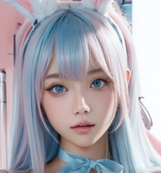 1girl, futa, futanari, penis, testicles, japanese-korean girl, white bunny ears, perky chest, Long pastel blue hair, pastel highlights near the edges of trands and bangs, hourglass body, gamer girl, gamer room, innocent,cute, pink ribbon, nsfw, penis bulge