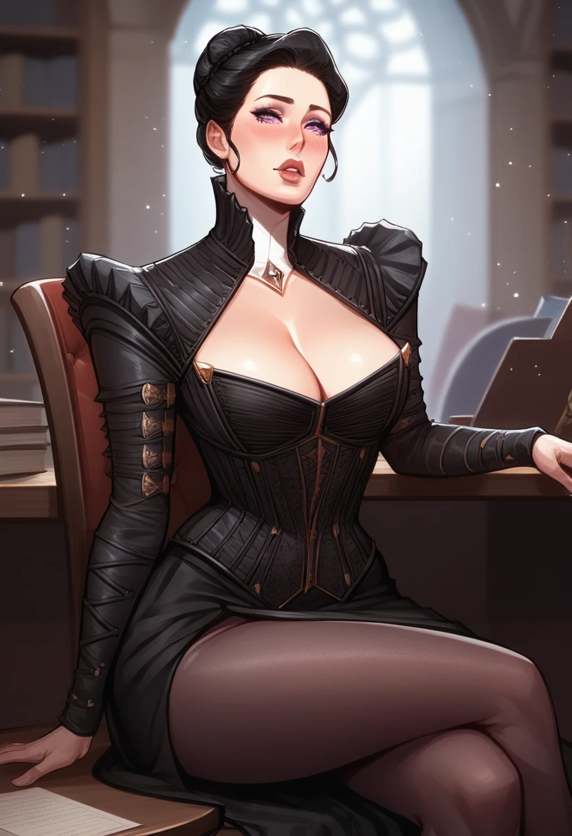 score_9, score_8_up, score_7_up, 
1girl, solo, <lora:Professor_Onyx_-_Magic_the_Gathering:1>, black hair, hair bun, black dress, corset, gold detail, cleavage cutout, purple eyes, looking at viewer, 
lips, blush, horny, plump, curvy, thick thighs, wide hips, cleavage, breasts, large ass, mature female,
sitting, chair, desk, 
<lora:Smooth Anime 2 Style SDXL_LoRA_Pony Diffusion V6 XL:1>
depth of field, blurry background, blurry foreground, library, office, medieval theme, fantasy theme,