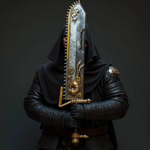 a person holding a 40kchainsword