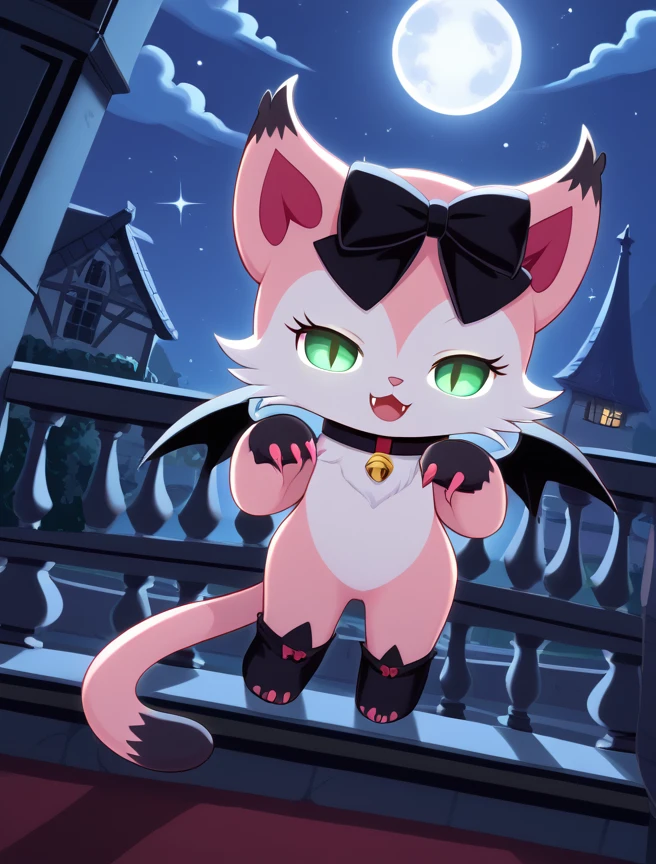 score_10, score_9_up, score_8_up, Vampire_Mia, 1girl, solo, looking at viewer, smile, open mouth, bow, green eyes, tail, hair bow, wings, no humans, sparkle, black bow, :3, night, fangs, moon, cat, bat wings, full moon, body fur, mansion, glowing eyes, claws, covered in blood, drinking blood