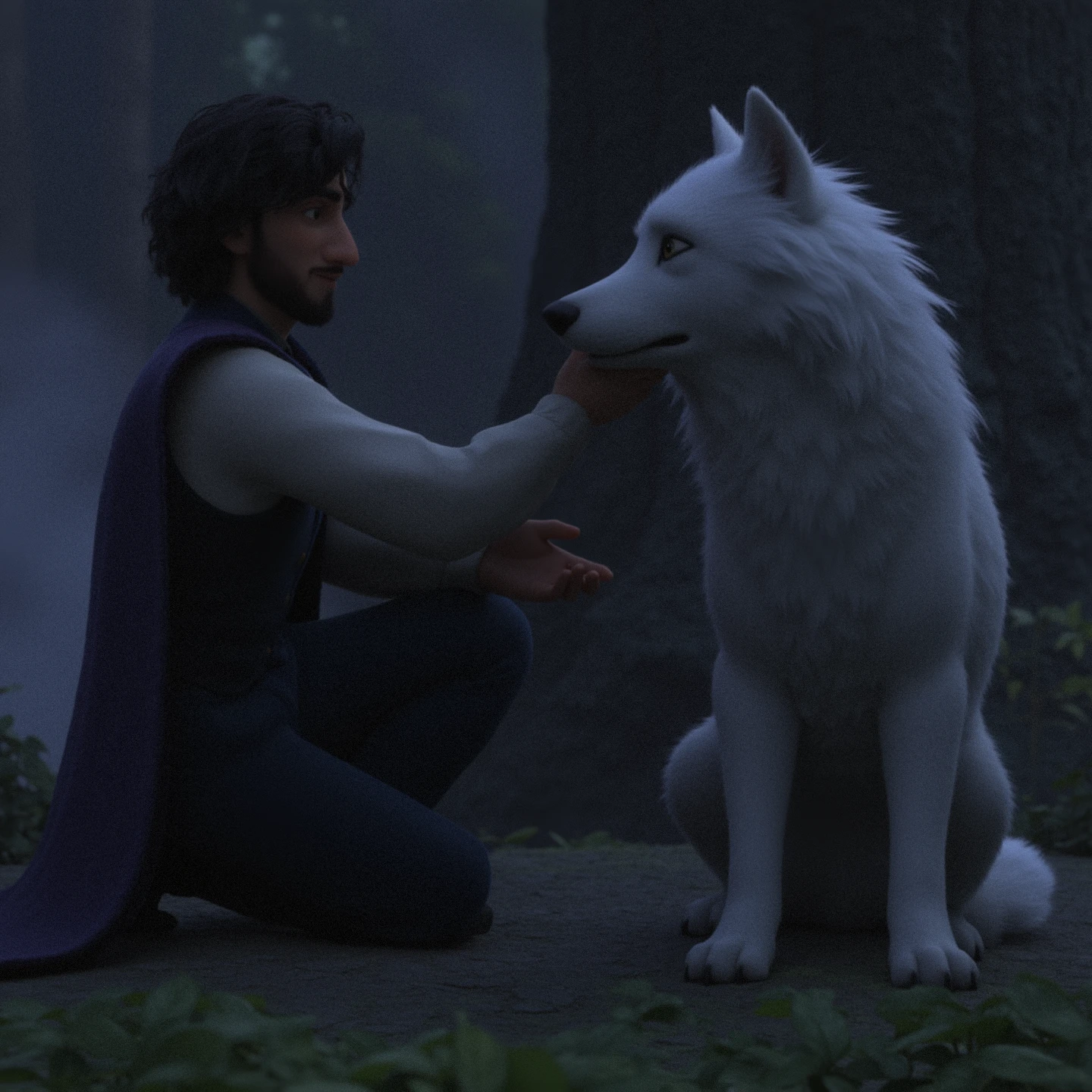 encanto style. jon snow petting his white wolf. game of thrones