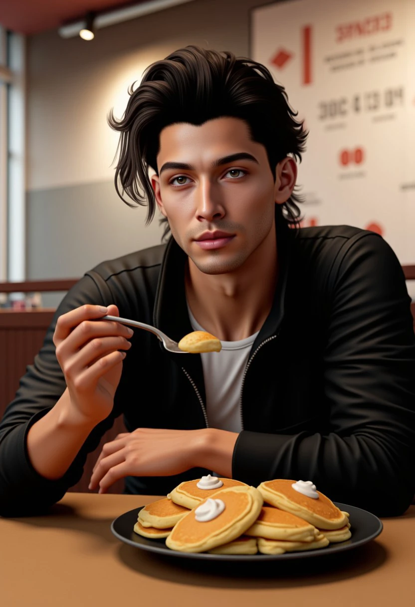 a 3d image of vpzdxizz, a dark haired man sitting in a restaurant eating pancakes