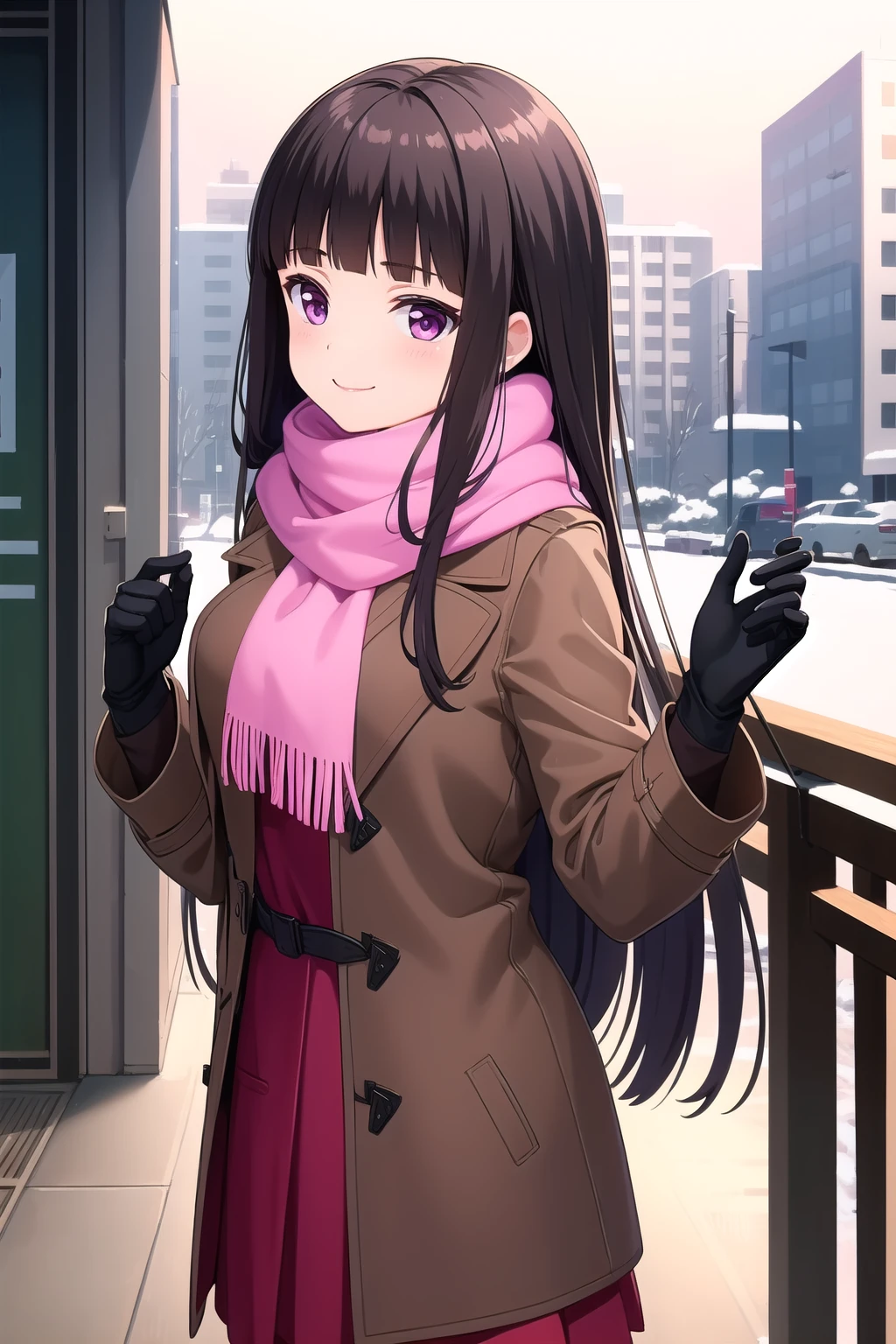 (masterpiece, best quality), highly detailed background, perfect lightingbest quality, shiranuiisuzu, solo, outdoors, city, winter, nature, black hair, blunt bangs, very long hair, purple eyes, small breasts, pink scarf, brown coat, open coat, white sweater, black gloves, red skirt, smile, closed mouth, :), pink lips, <lora:Shiranui-Isuzu-2-05:0.7>