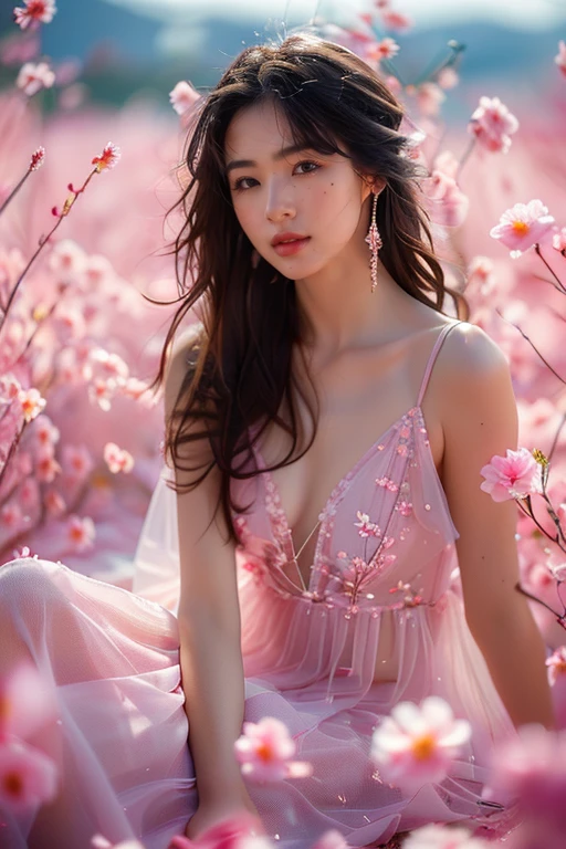8k, RAW photo, Fujifilm, analog style photo of Japan beautiful young woman, bright pink rose garden (very detailed skin: 1.2) (very detailed skin: 1.2), pink, slender with abs, black hair girl --auto --s2
