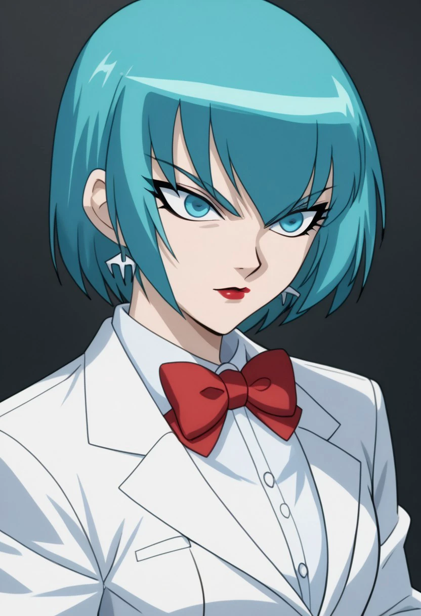 score 9, score 8 up, score 7 up, bakugan, bakugan new vestroia, mylene farrow, 1girl, solo, makeup, bow, earrings, short hair, formal, blue eyes, suit, jewelry, bowtie, lipstick, blue hair, red bow, white suit, aqua hair