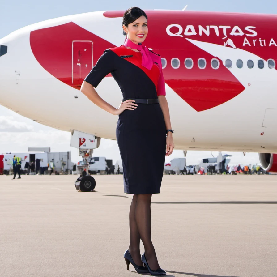 masterpiece, pretty, sexy, 1girl, flight attendant, qantas  <lora:Flight_Attendant_QF:1>, flight attendant uniform, full body pose, black hair, (blue eyes), ((cleavage)), 4K