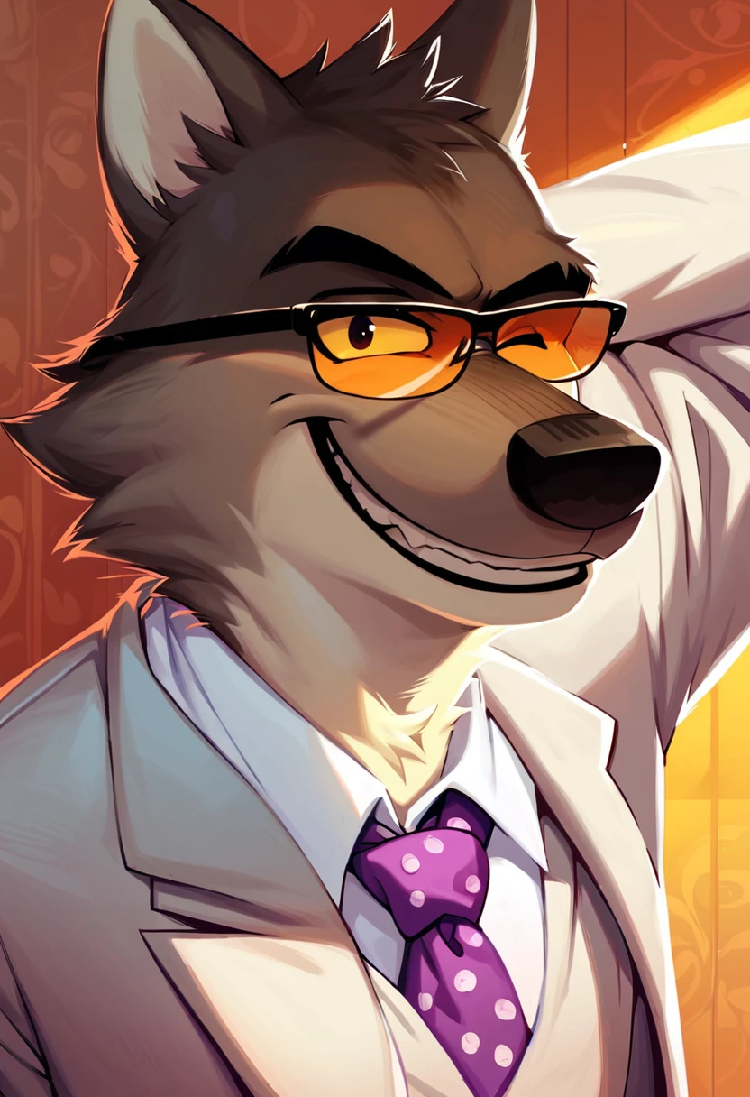 score_9, score_8_up, score_7_up, solo, mr wolf, bg, furry, suit, formal, necktie, upper body, shade glasses, wink, smile, closed mouth, detailed background, room, looking at viewer, <lora:Mr_Wolf:1>