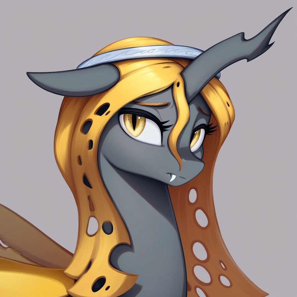 masterpiece, score_9_up, score_8_up, score_7_up, score_6_up, (best quality:1.1), ultra-detailed, high resolution, 1character, Oiren, changeling queen oc, mlp, feral, black skin, long yellow membrane mane, tail, (((beautiful detailed yellow eyes))), long eyelashes, eyebrows, ears, yellow Insect wings, closed mouth, worried, fang out, single horn, modest silver crown, detailed facial features,  looking at viewer, portrait, expressiveh, simple background, highly visible, sharp focus, anatomically correct